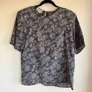 Vintage Christie & Jill Silk Top Blue Gray Floral Short Sleeve Sz L Womens